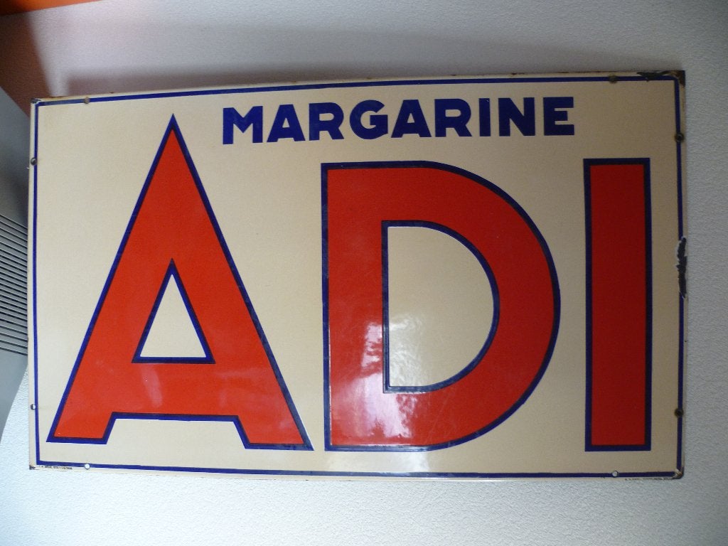 EMAILLE RECLAMEBORD"ADI MARGARINE"UIT 1936, Ophalen of Verzenden, Gebruikt, Reclamebord