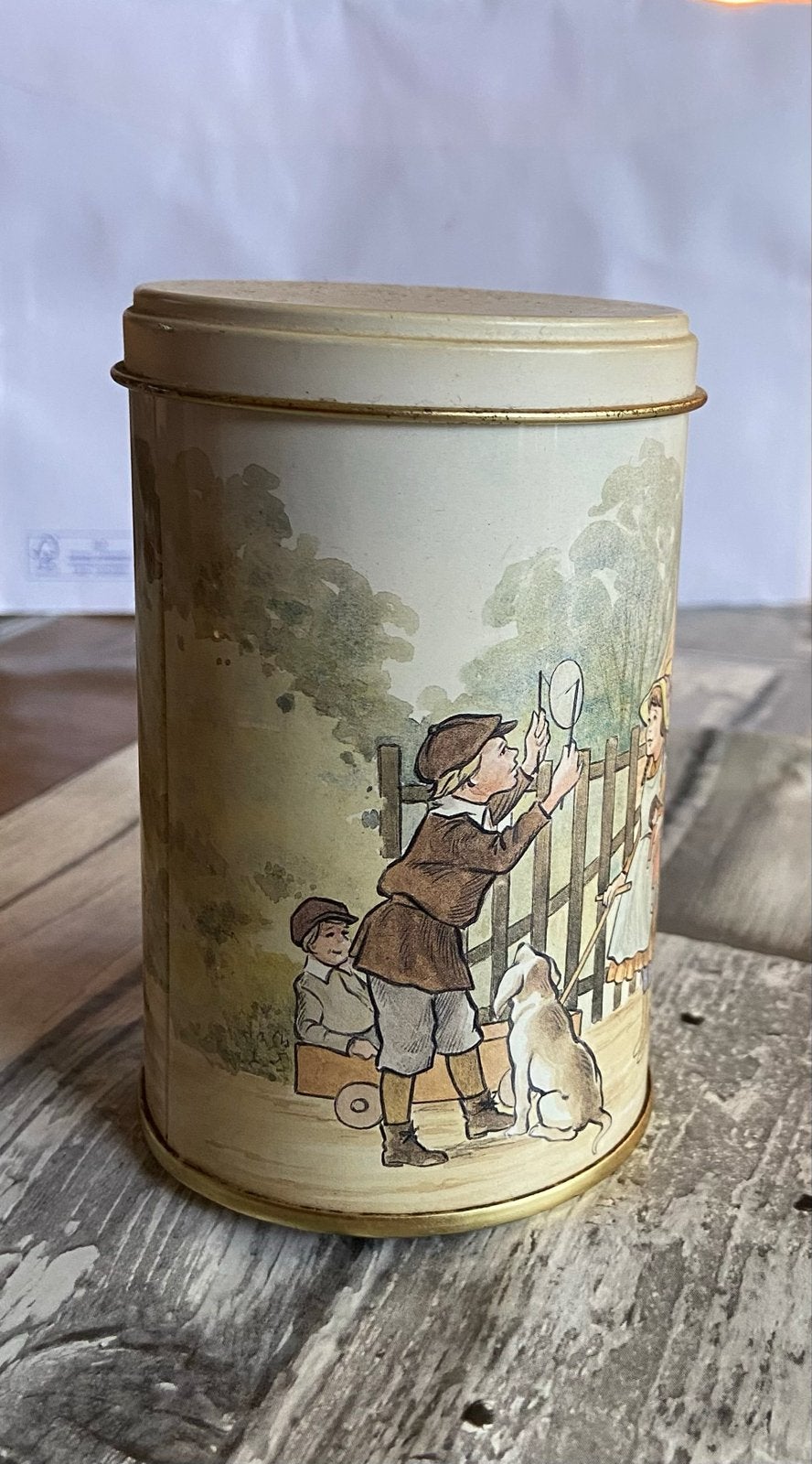 Vintage blikken bus met kinderillustraties, Ophalen of Verzenden