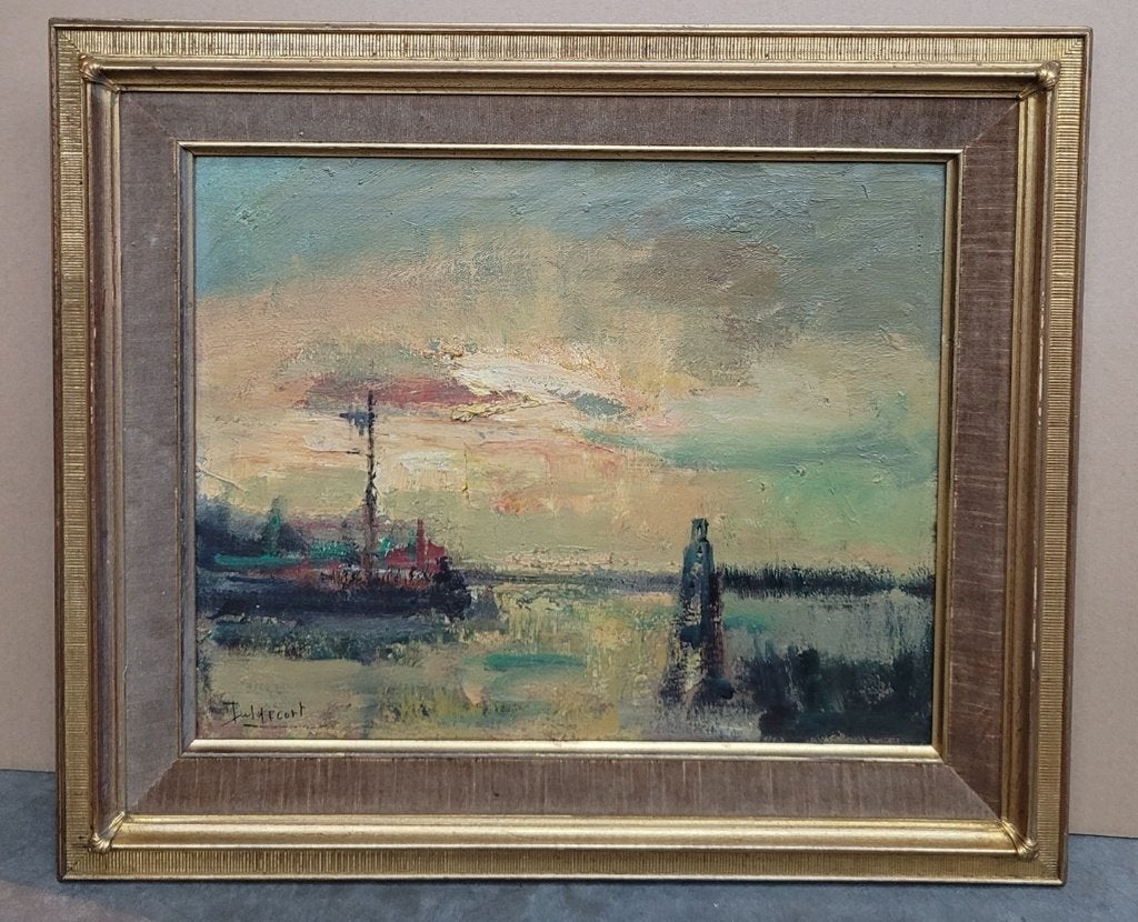 Juul DE CORT, havenmonding bij avondrood, Maritiem / water, Doek, Ophalen of Verzenden, Olieverf