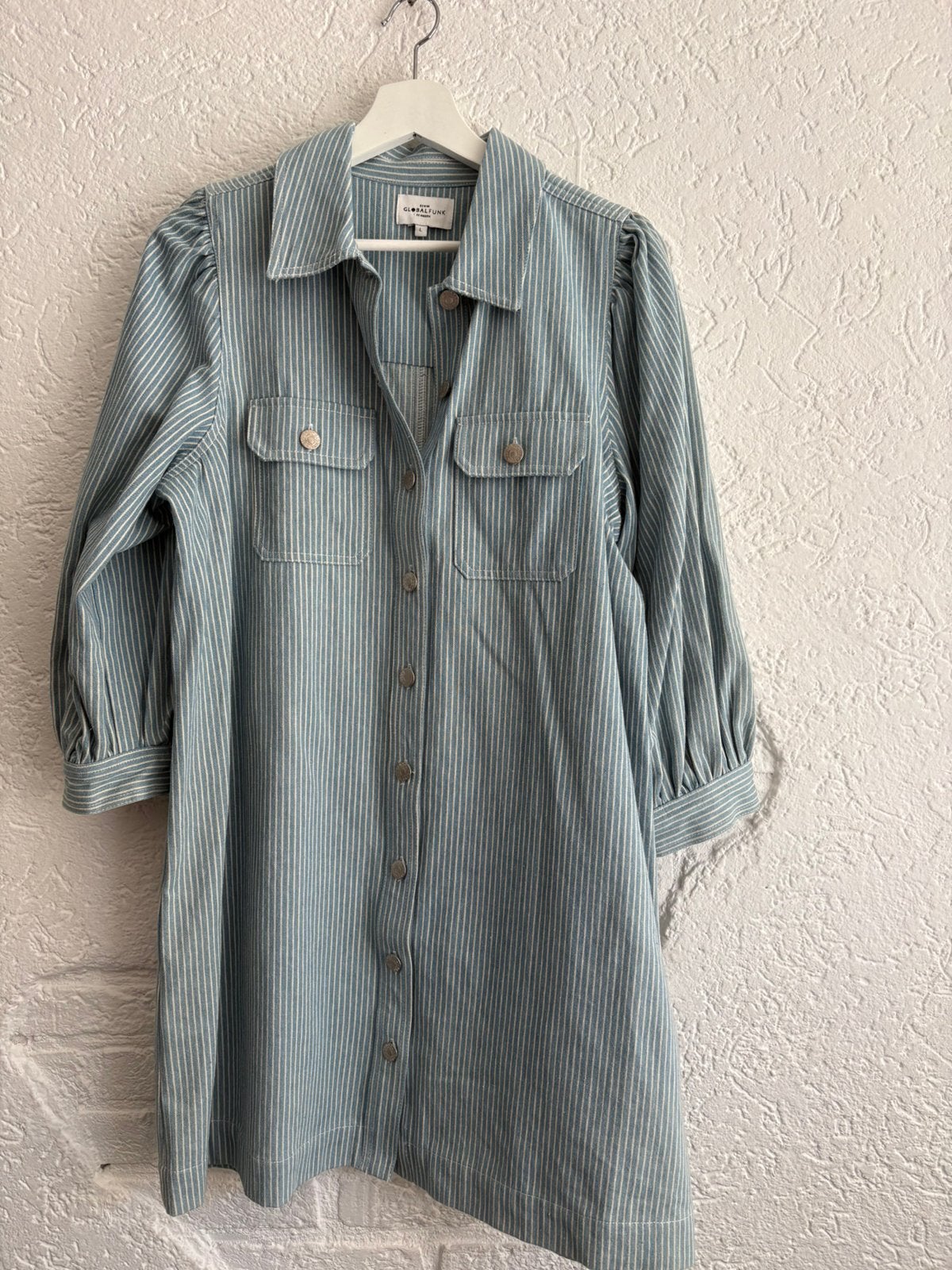Global Funk denim jurk blauw wit streep L, Ophalen of Verzenden, Zo goed als nieuw, Maat 42/44 (L), Blauw