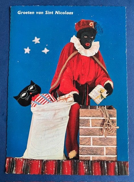 Piet op het dak met kadootjes, groeten van Sint Nicolaas, Ophalen of Verzenden, 1960 tot 1980, Ongelopen, Kinderen
