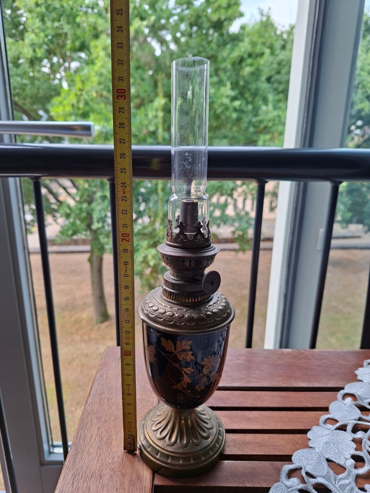 Antieke olielamp met blauw-gouden decoratie, Ophalen of Verzenden