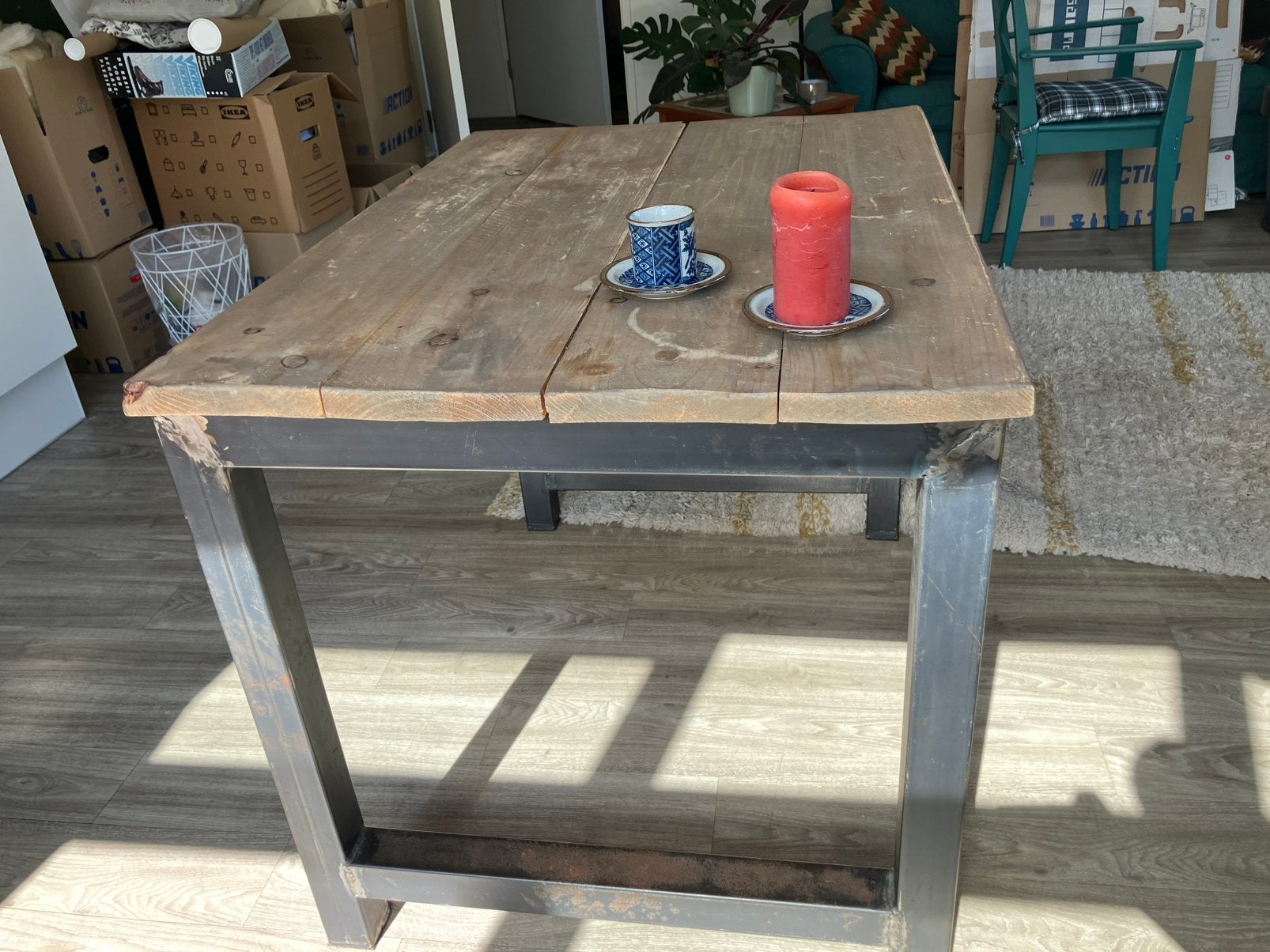 Industriële salontafel hout en metaal (77x110 cm), Ophalen, 200 cm of meer, 50 tot 100 cm, Zo goed als nieuw