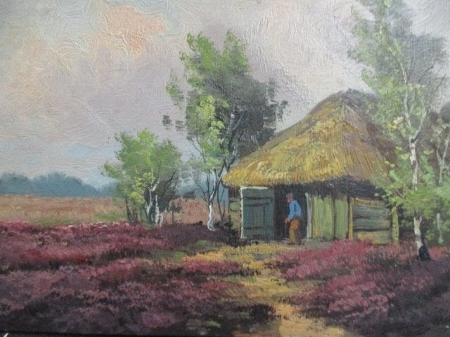 Schaapskooi op de hei met figuur, olieverf op board, Paneel, Oud hollands, Ophalen of Verzenden, Landschap