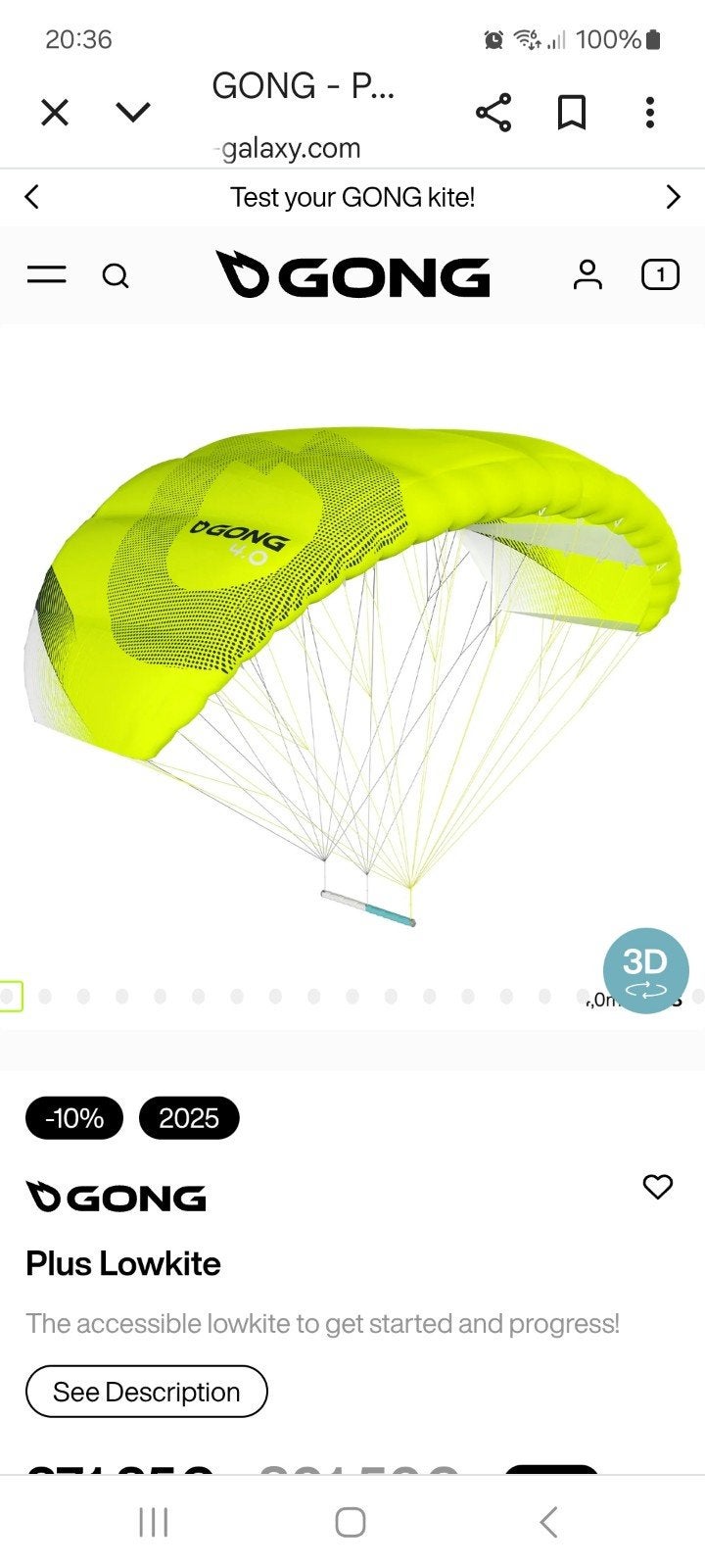 GONG Plus Lowkite 4.0 - Toegankelijke Lowkite, Gebruikt, Geen board, Ophalen of Verzenden, Kite
