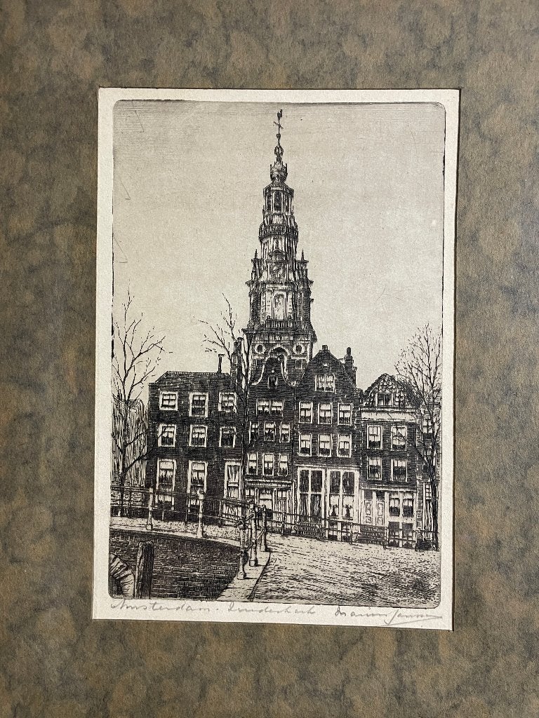 Zuiderkerk Amsterdam - ets van Marius Janssen, Antiek en Kunst, Kunst | Etsen en Gravures, Ingelijst, Ets, Stadsgezicht, Ophalen of Verzenden