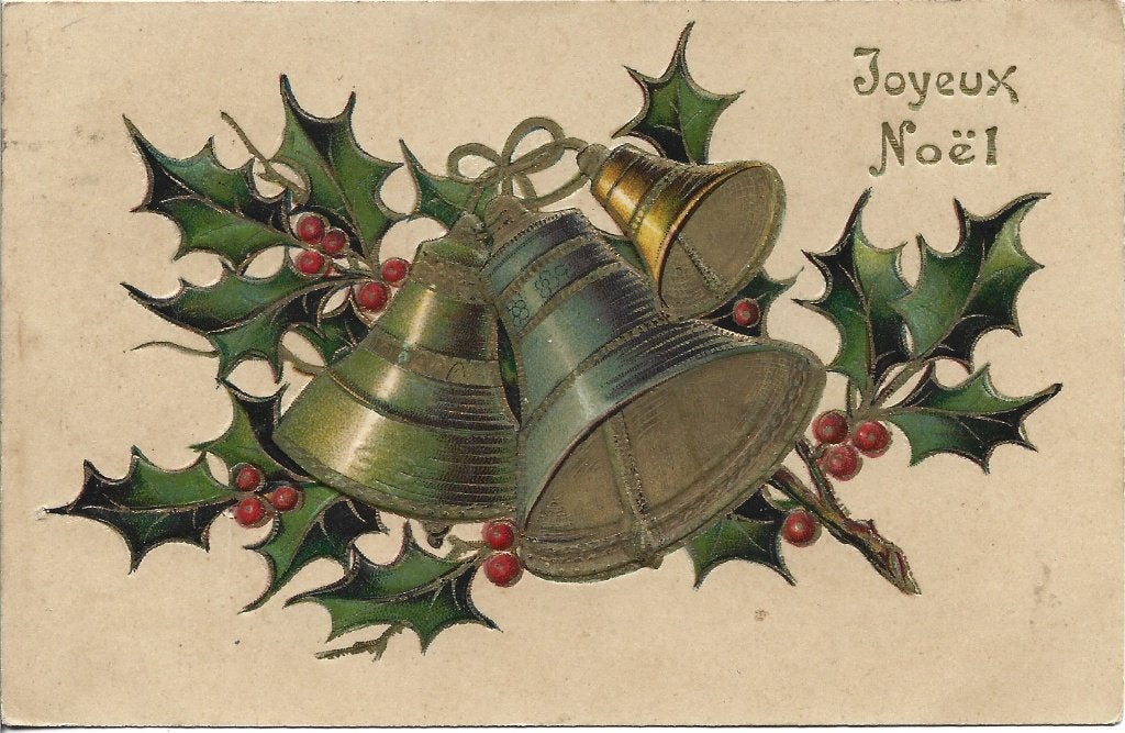 Antiek uit 1908*Kerst klokjes*Hulst*Relief*Goudopdruk*Mooi, Verzamelen, Ophalen of Verzenden, Voor 1920, Gelopen, Feest(dag)