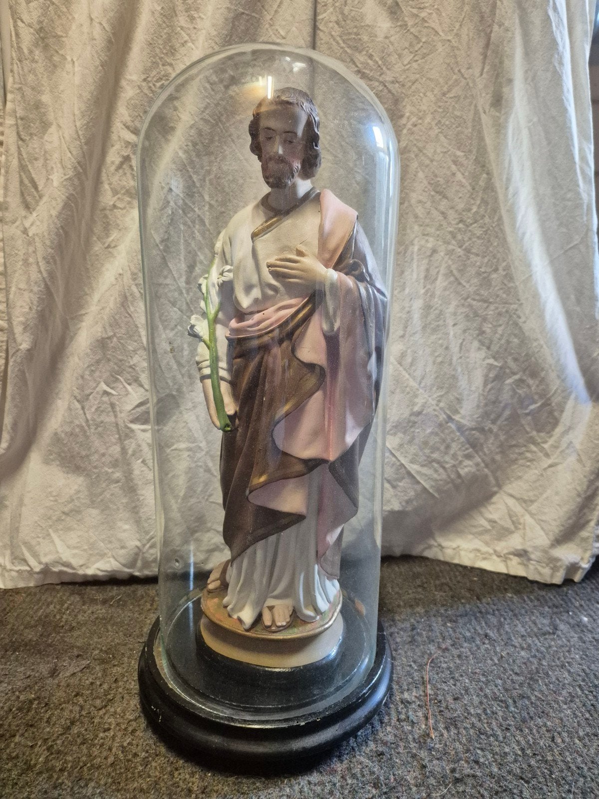 Antiek beeld Sint Jozef glazen stolp religie katholiek, Ophalen