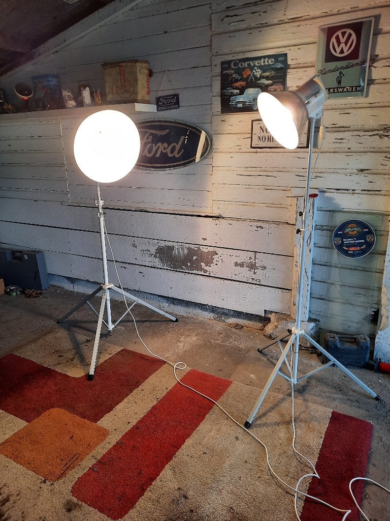 2 vintage statief foto lampen Photax 3200k, Gebruikt, Industrieel, Ophalen, Metaal