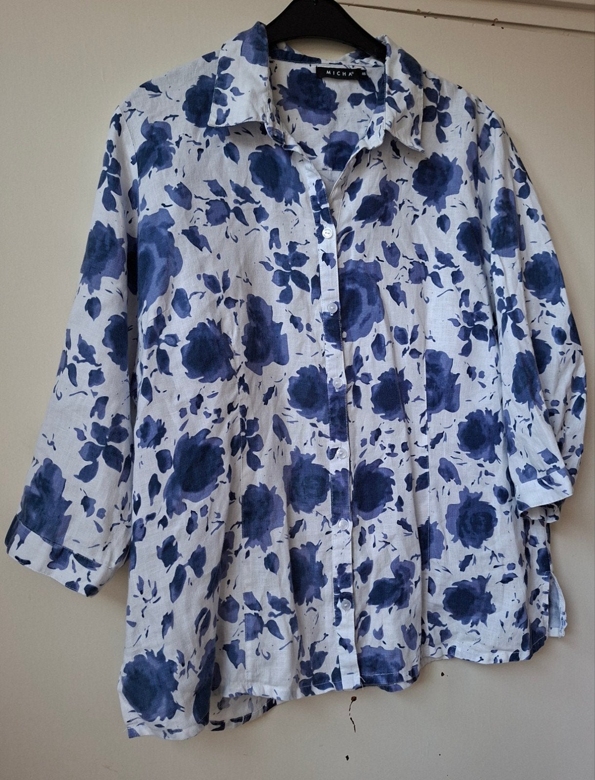 Blauw/ witte linnen bloes, mt 46, Maat 46/48 (XL) of groter, Zo goed als nieuw, Micha, Verzenden