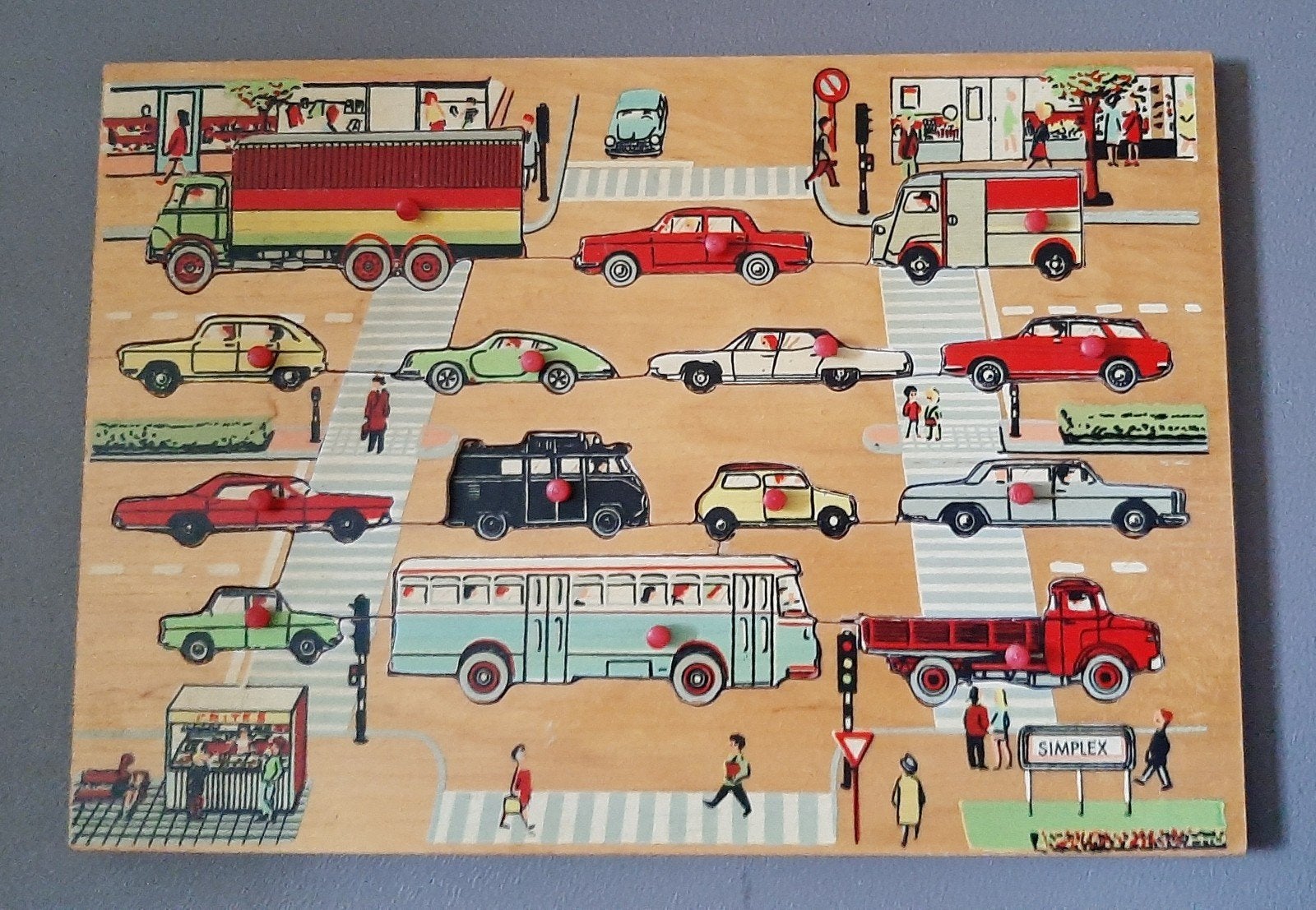 Vintage houten simplex puzzle auto's, Ophalen of Verzenden