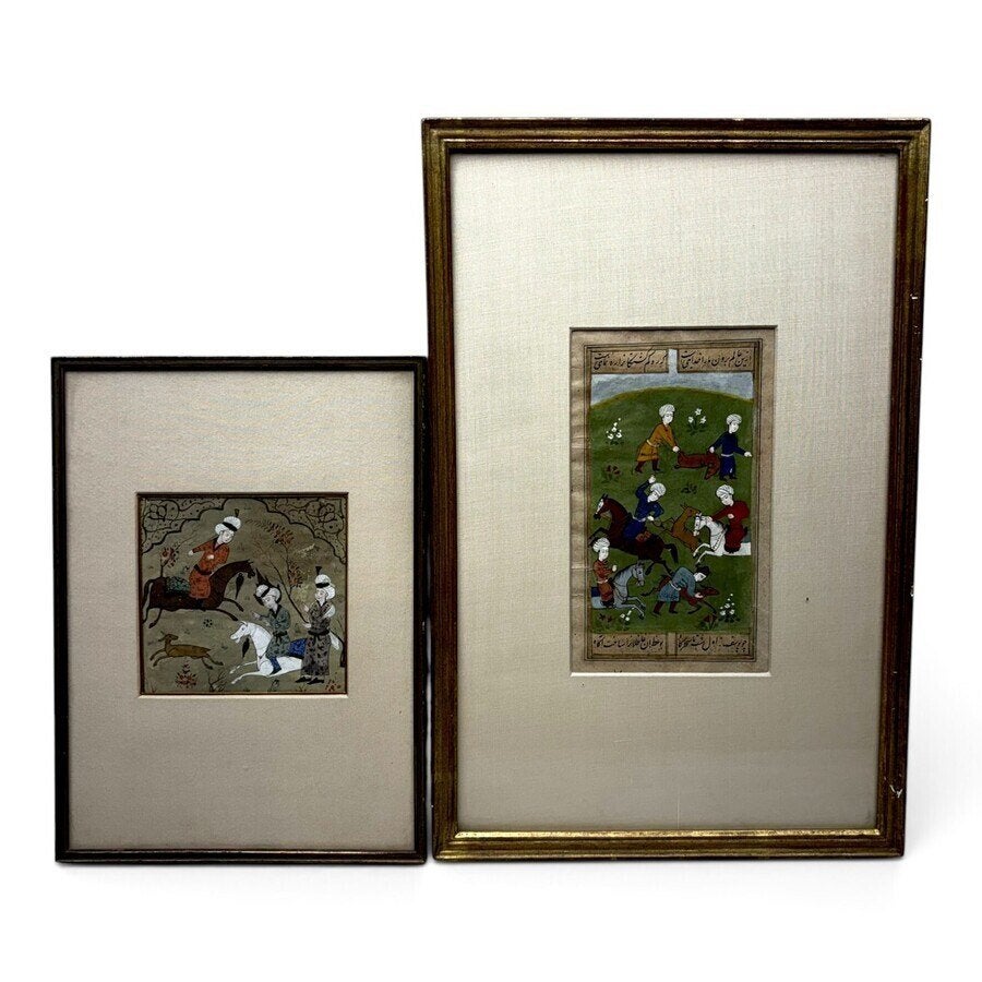 Twee Perzische miniatuurschilderingen, jachtvoorstellingen, Ophalen of Verzenden, Schilderij, Gesigneerd, Papier/karton