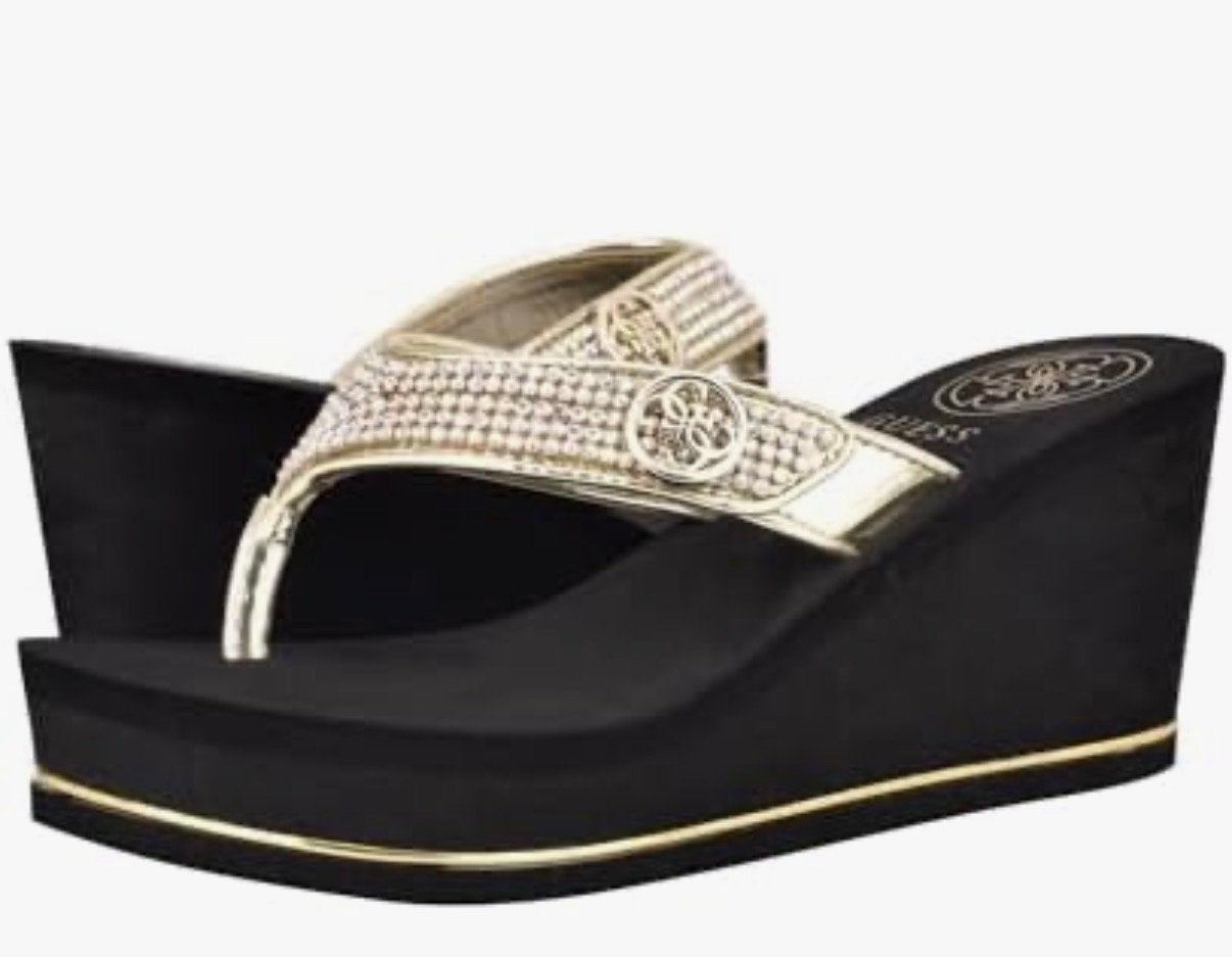 Guess Slippers met sleehak en strass - Zwart/Goud MT 37, Kleding | Dames, Ophalen of Verzenden, Nieuw, Zwart, Slippers