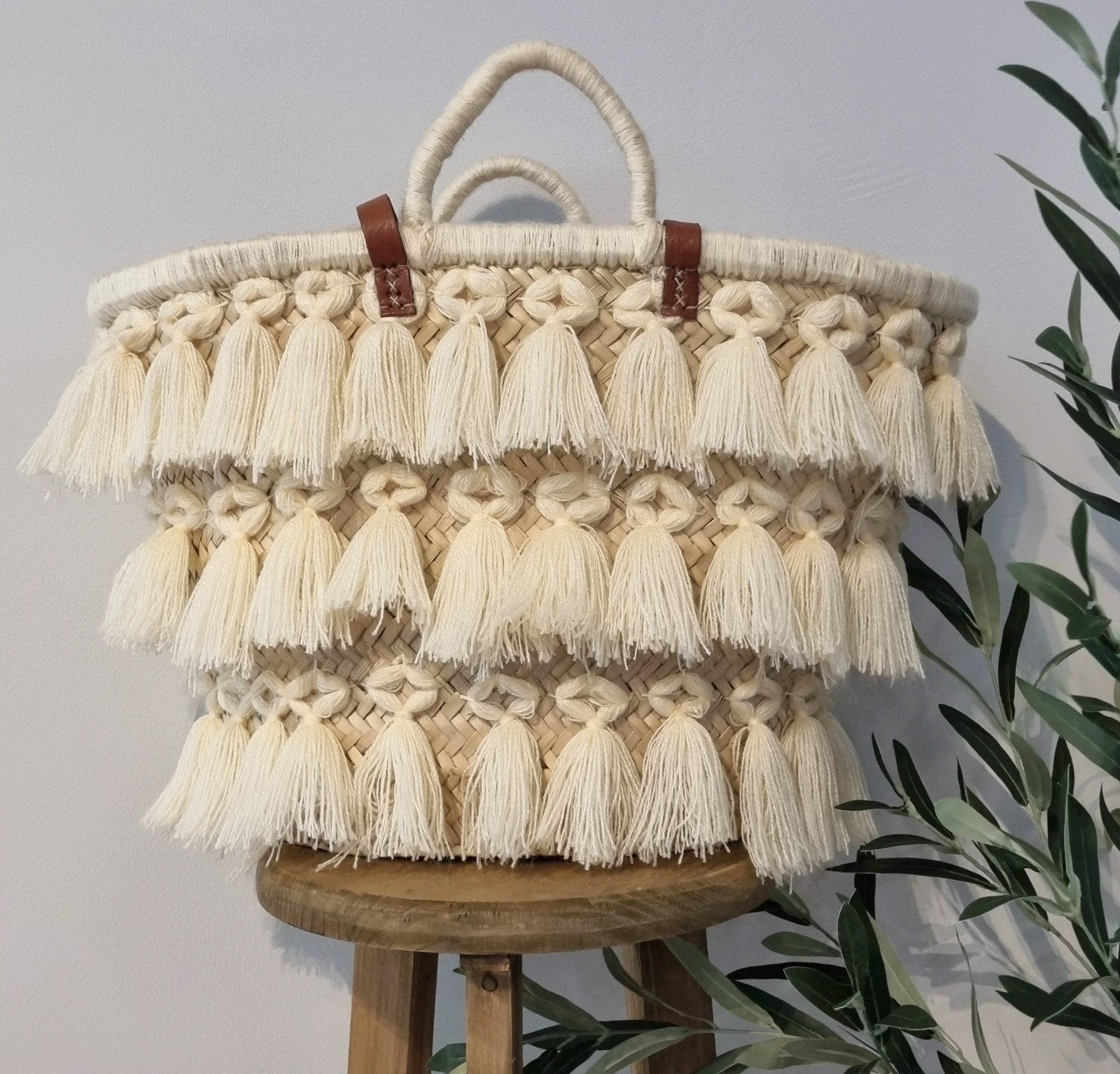 Stro tas met kwastjes - Bohemian stijl, Ophalen of Verzenden, Zo goed als nieuw, Beige, Shopper