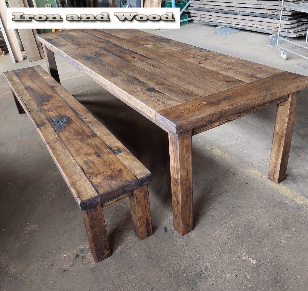 Maatwerk tafel en evt bankje - oud eiken wagondelen blad, Ophalen, Nieuw, Hout