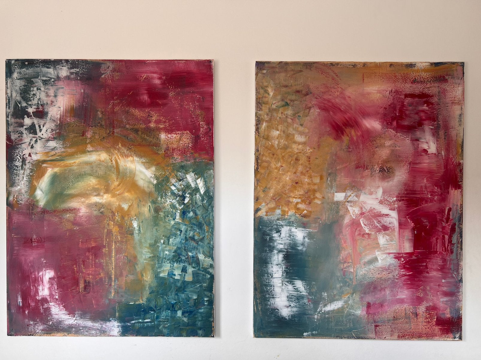 Abstracte 2 luik schilderijen 90x120, Ophalen of Verzenden