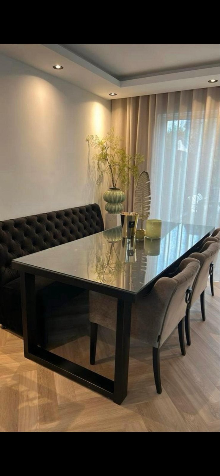 Moderne eettafel met glazen blad en bank/stoelen urban sofa, 150 tot 200 cm, Vier personen, Rechthoekig, 50 tot 100 cm
