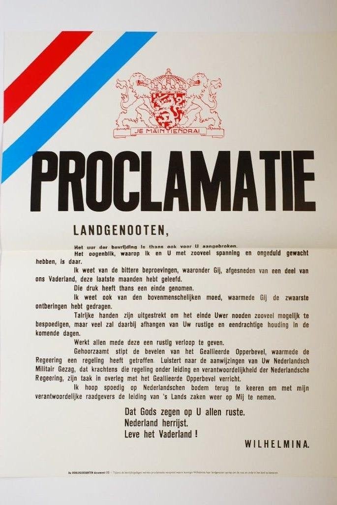 Proclamatie Bevrijding Nederland - herdruk poster WOII, Verzamelen, Militaria | Tweede Wereldoorlog, Zo goed als nieuw, Verzenden