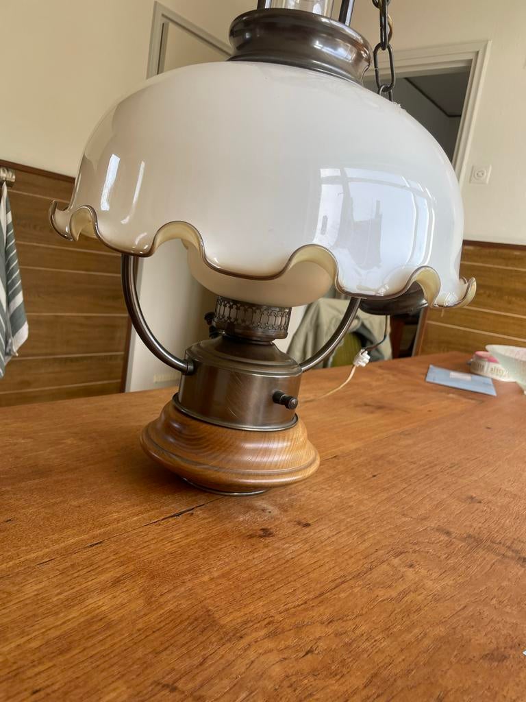 Retro Vintage Hanglamp met Houten en Metalen Details, Huis en Inrichting, Lampen | Hanglampen, Ophalen of Verzenden, Gebruikt