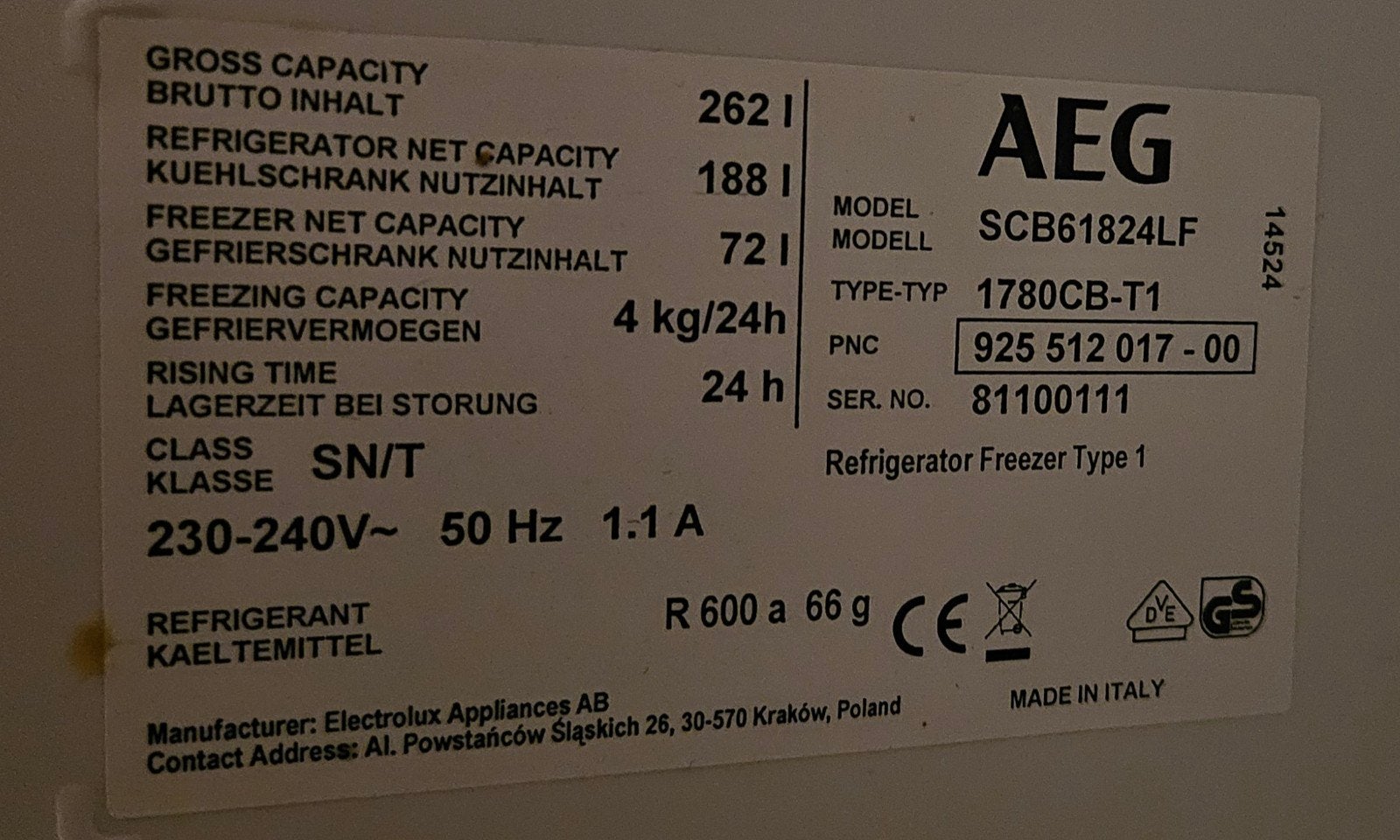 Inbouw koelkast AEG, 200 liter of meer, Ophalen, Met vriesvak