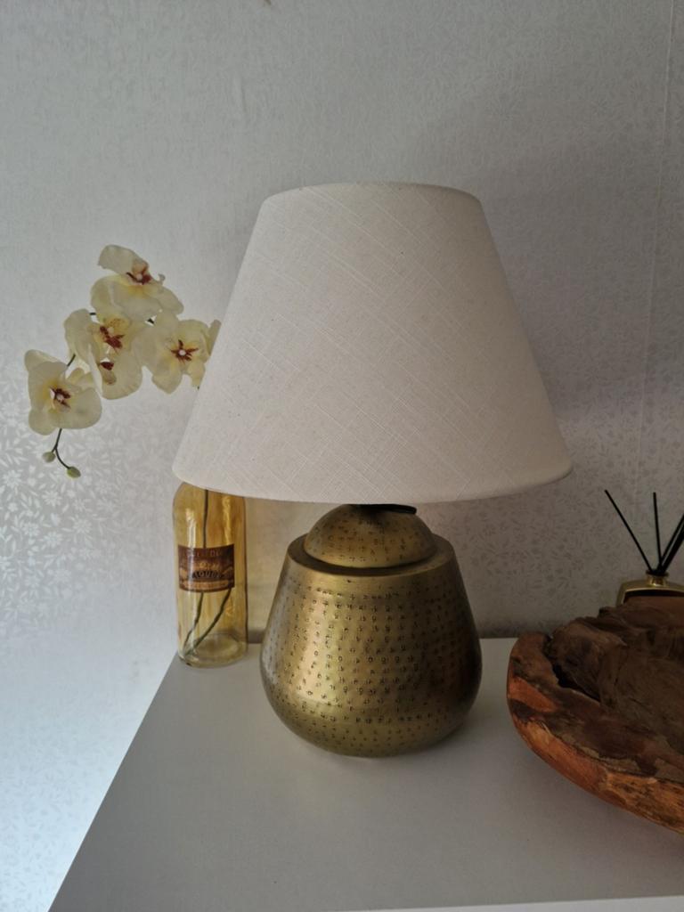 Gouden tafellamp met stoffen kap 2x, Huis en Inrichting, 50 tot 75 cm, Ophalen of Verzenden, Zo goed als nieuw, Stof