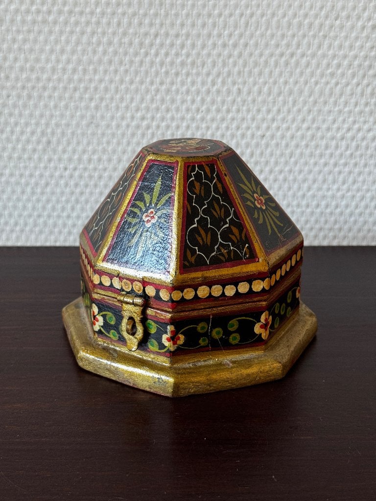 Vintage Handbeschilderde Houten Mughal Kistje, 8 Hoekig, Antiek en Kunst, India, Ophalen of Verzenden, Doos, Hout