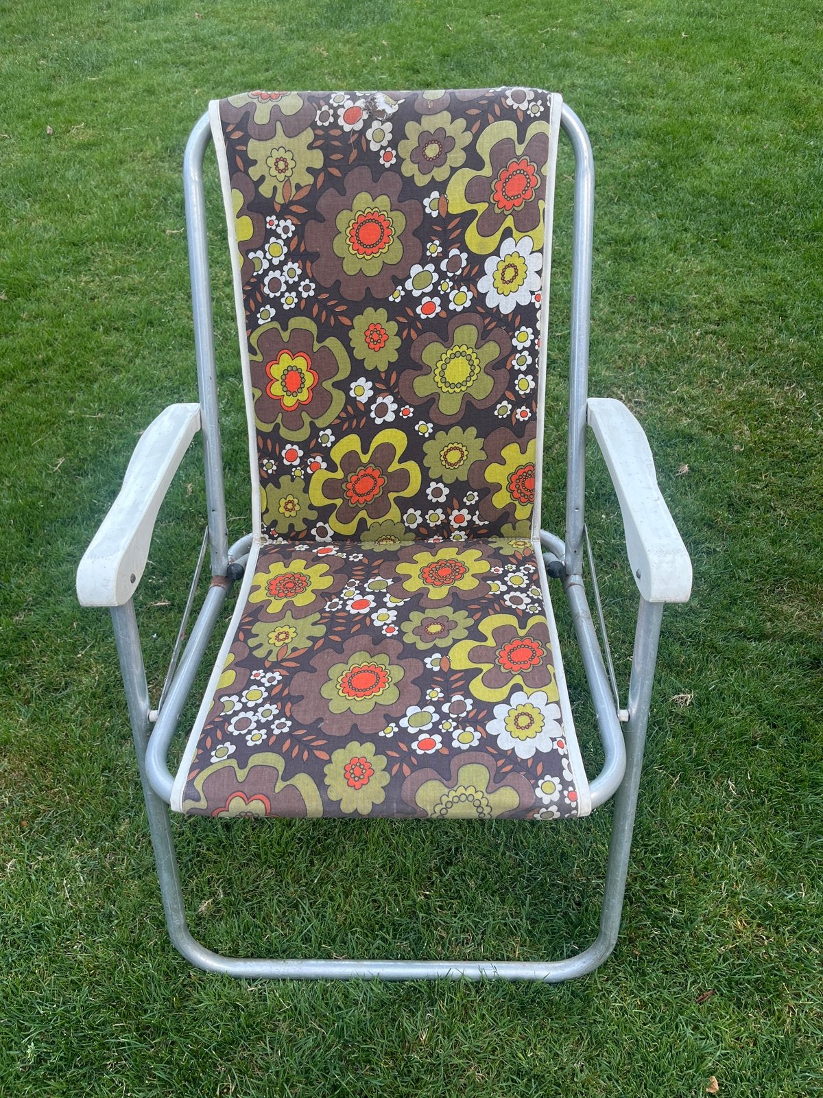 Vintage Klapstoel met Bloemenprint - Jaren '70 Stijl, Ophalen, Gebruikt, Aluminium, Inklapbaar