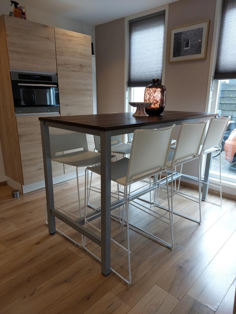 Hoge eettafel met 6 barkrukken, Ophalen, Gebruikt, 50 tot 100 cm, Metaal