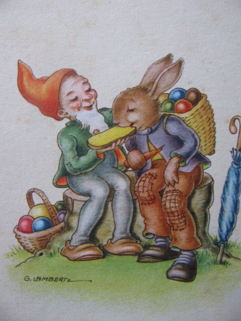 Oude Gesign. Kaart - Kabouter & Paashaas Eten een Boterham, Verzenden, 1920 tot 1940, Ongelopen, Feest(dag)