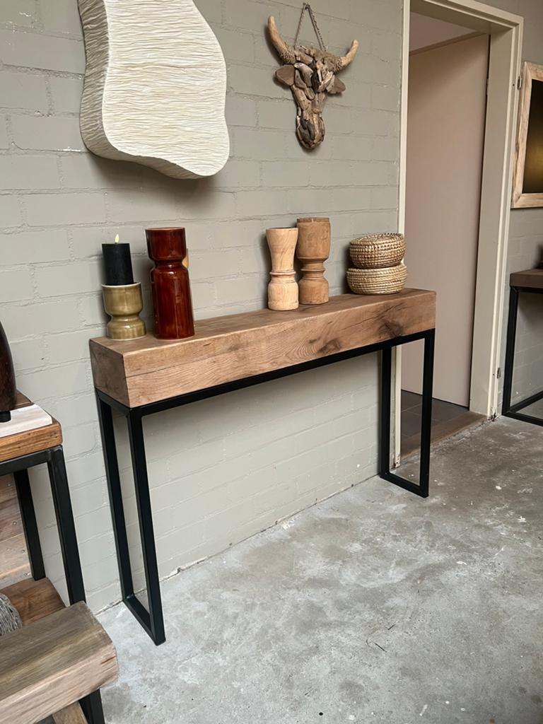 Sidetable oud eiken balk massief stalen frame 130cm, Nieuw, Ophalen of Verzenden, 75 cm of meer, 60 cm of meer