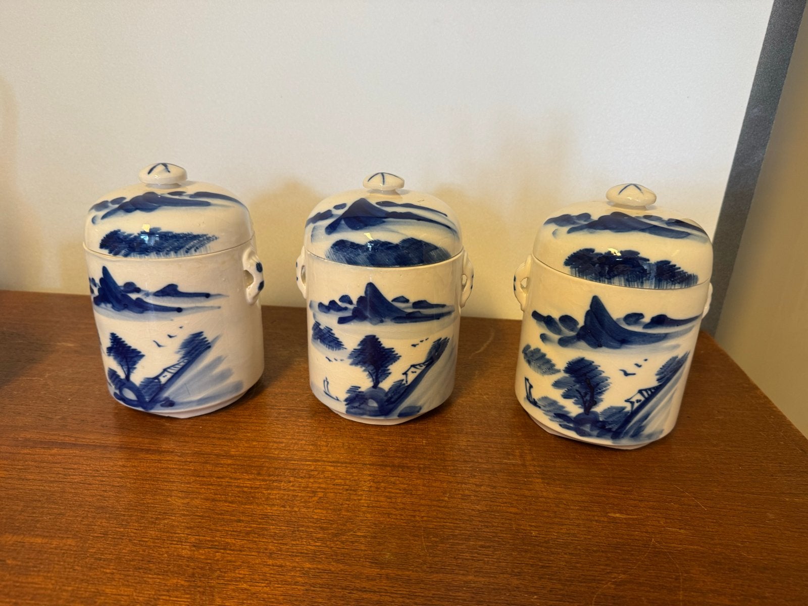 Set van 3 antieke Chinese gemberpotten, blauw-wit porselein, Ophalen