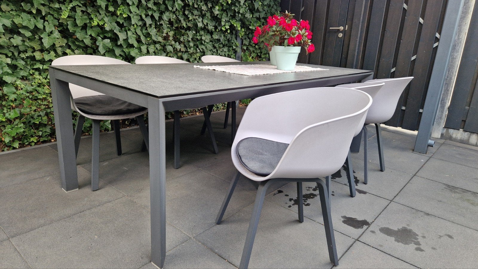 Tuinset met gesinterd glazen tafel en 6 kuipstoelen, Tuin en Terras, Tuinsets en Loungesets, Ophalen of Verzenden, Aluminium, 6 zitplaatsen