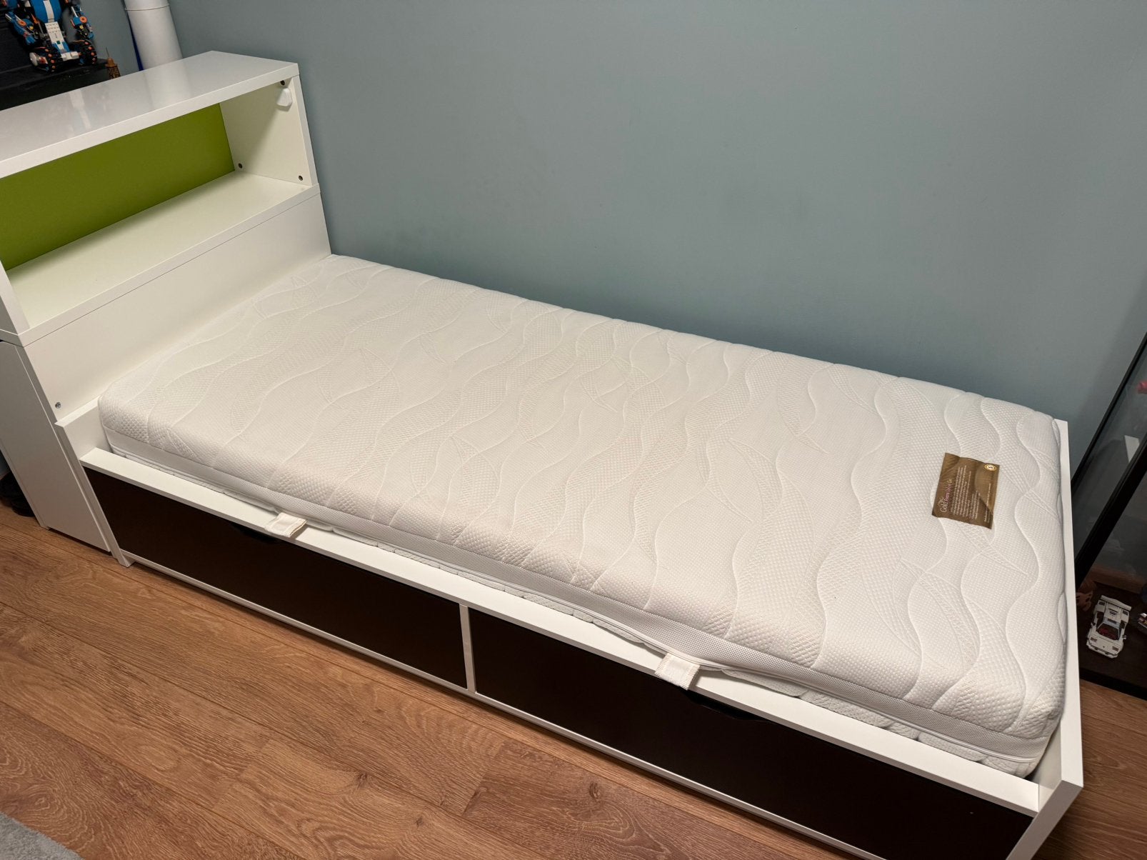 Ikea flaxa bed 90x200 + hoofdeinde + matras, Ophalen, 90 cm, Eenpersoons, Wit