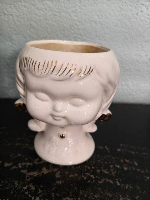 Vintage bloempot hoofd meisje wit goud, Gebruikt, Binnen, Ophalen of Verzenden, Overige vormen