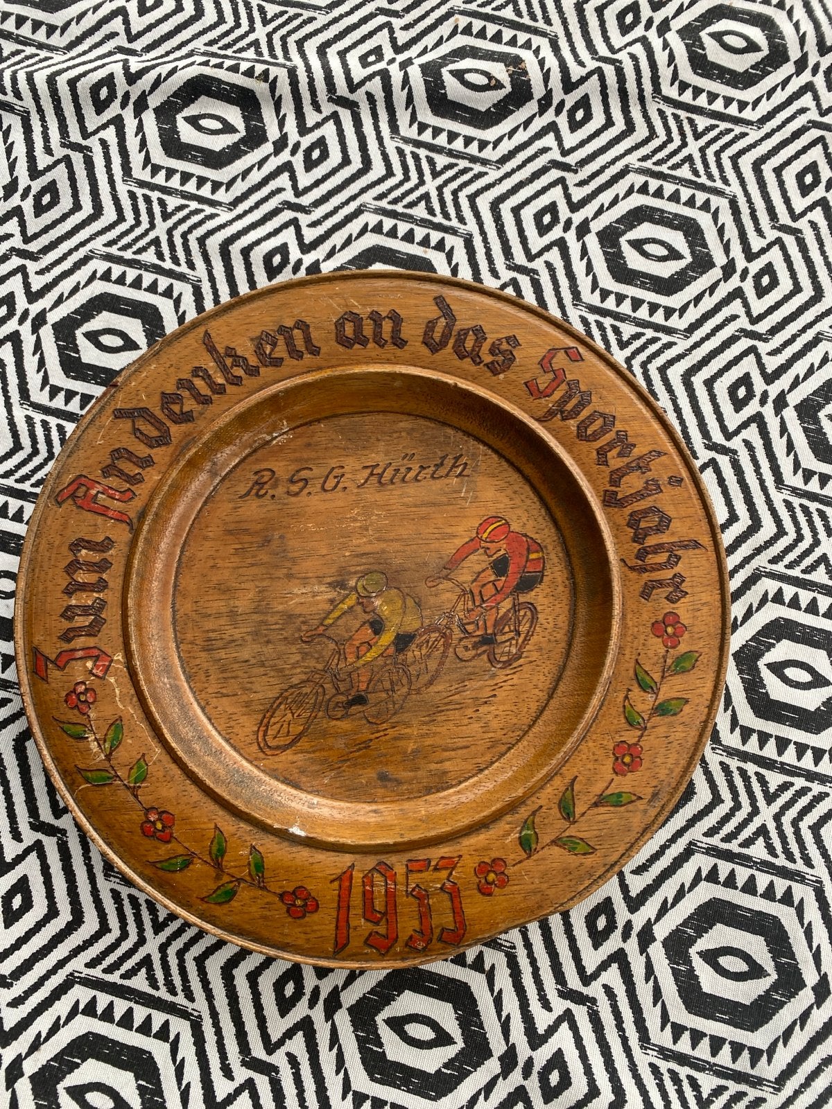 Vintage Houten Wandbord - Wielrennen 1953, Ophalen of Verzenden