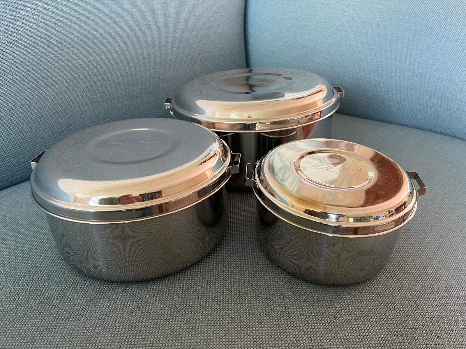 MSR Pannenset - 3 RVS pannen met deksels, Ophalen of Verzenden, Gebruikt