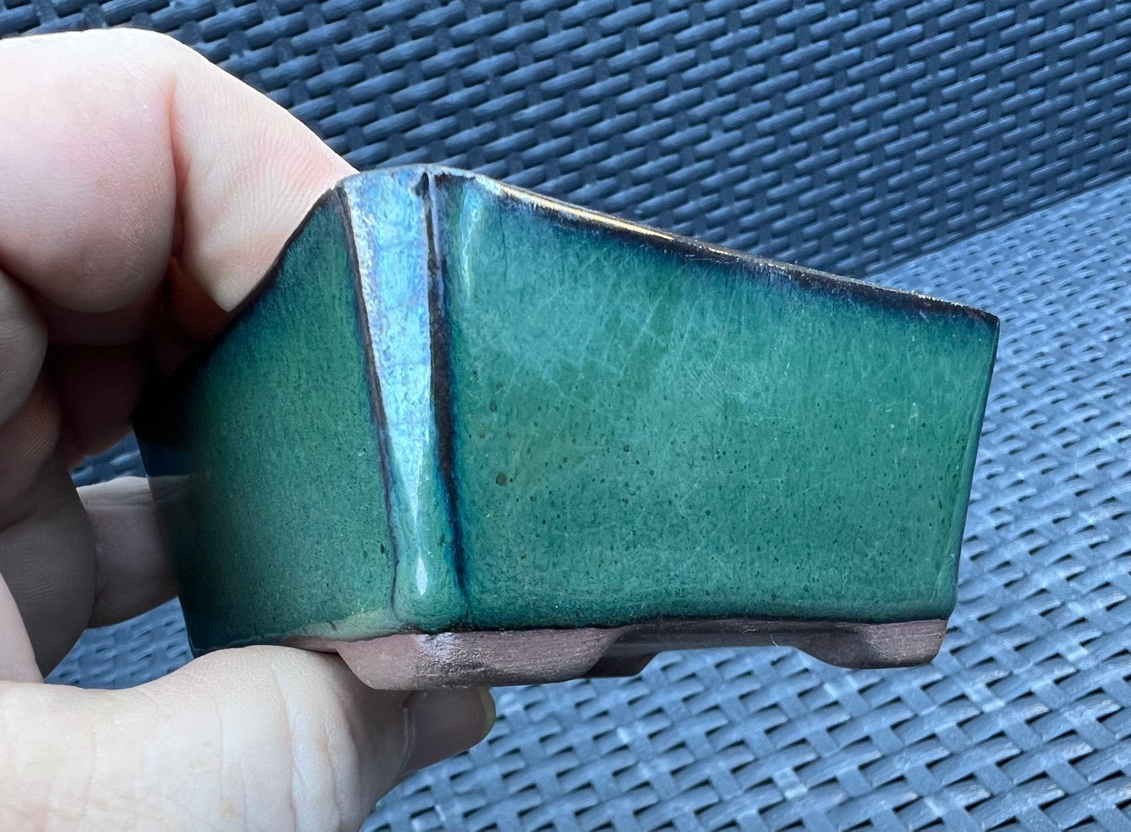 Bonsai pot groen tinten geglazuurd aardewerk 9,1x9,1x4,3, Tuin en Terras, Vierkant, Ophalen of Verzenden, Zo goed als nieuw, Aardewerk