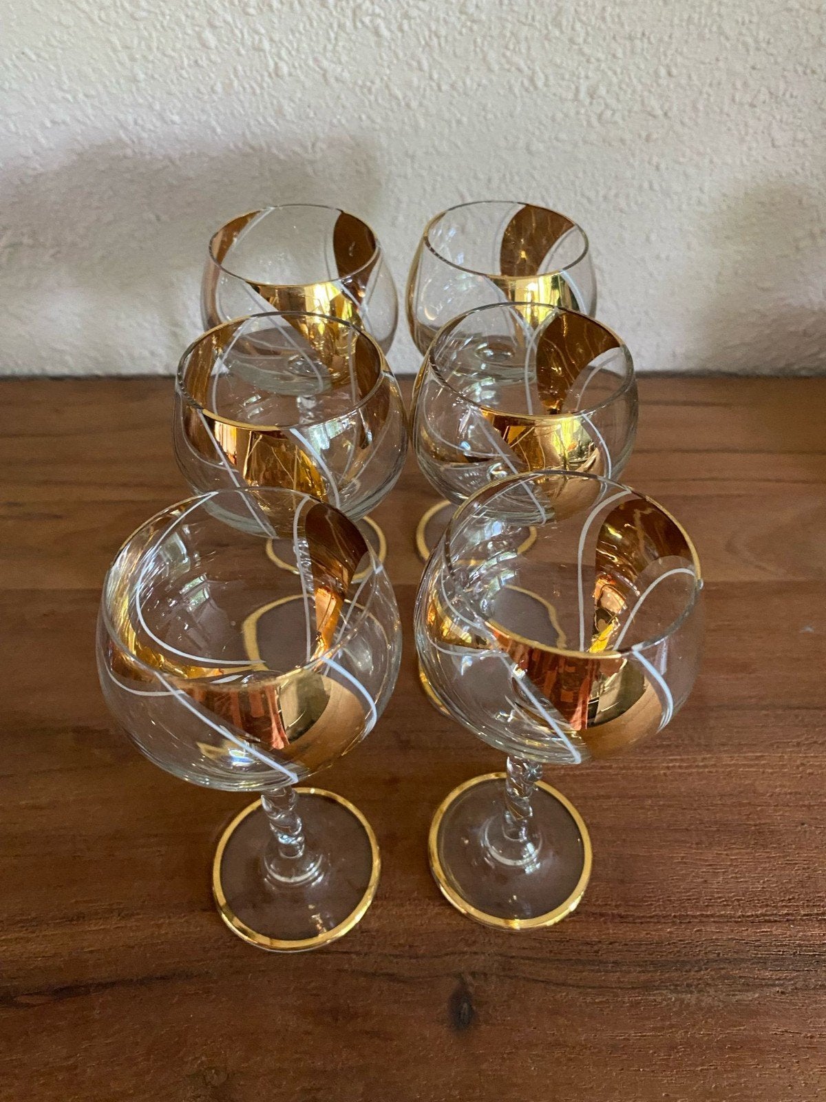Set van 6 Wijnglazen met Gedraaide Voet en Gouden Decoratie, Ophalen of Verzenden