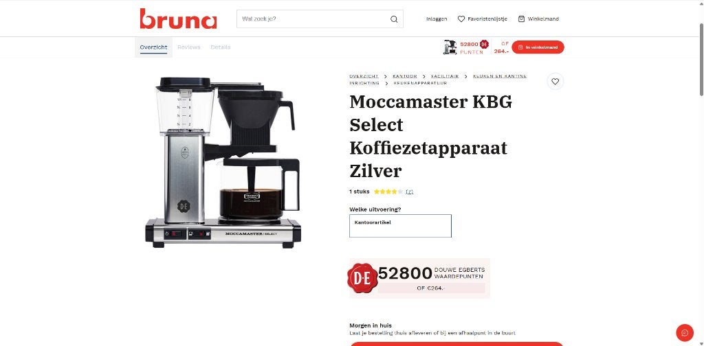 DE Douwe Egberts Moccamaster NIEUW, 10 kopjes of meer, Gemalen koffie, Ophalen of Verzenden, Afneembaar waterreservoir