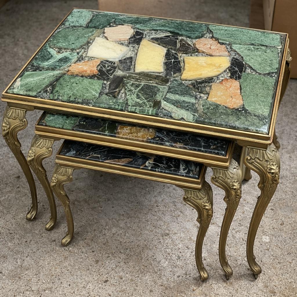 Vintage Italiaanse nesttafels–marmer mozaïek / Regency, '60, Huis en Inrichting, Tafels | Salontafels, Ophalen, Minder dan 50 cm