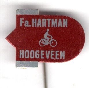 Fa. Hartman Hoogeveen fietsenzaak blik speldje ( G_081), Verzenden, Zo goed als nieuw, Transport, Speldje of Pin