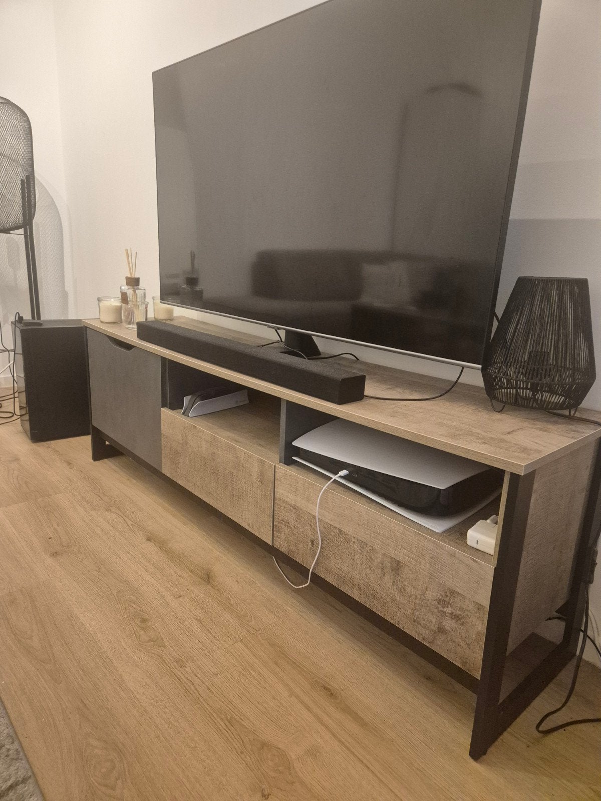 TV meubel en salontafel Meubella grijs/eiken, Gebruikt, 100 tot 150 cm, Ophalen of Verzenden, Minder dan 100 cm