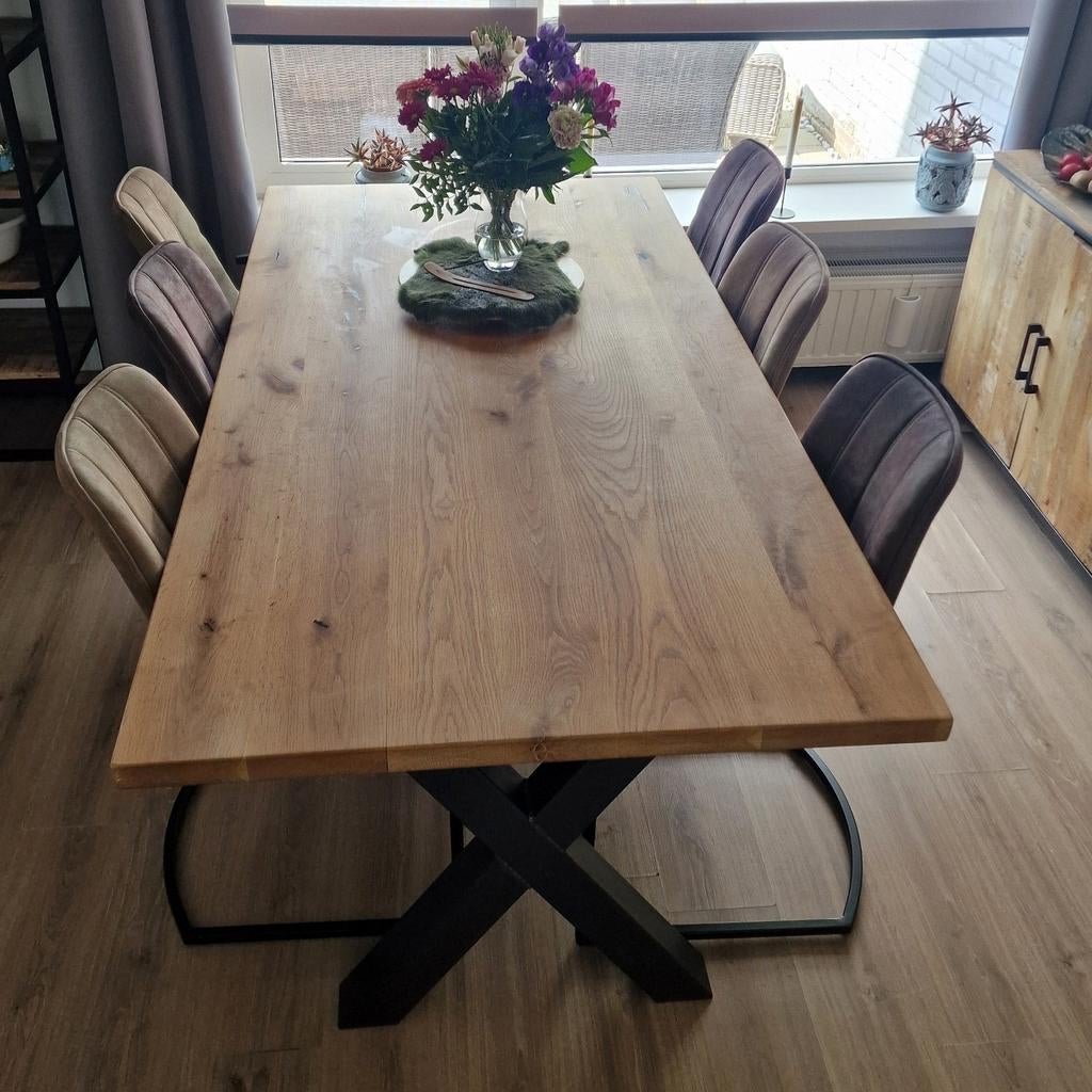 Eettafel 200x100 Massief Eiken met industiële Onderstel, Huis en Inrichting, Tafels | Eettafels, Ophalen, 200 cm of meer, 50 tot 100 cm