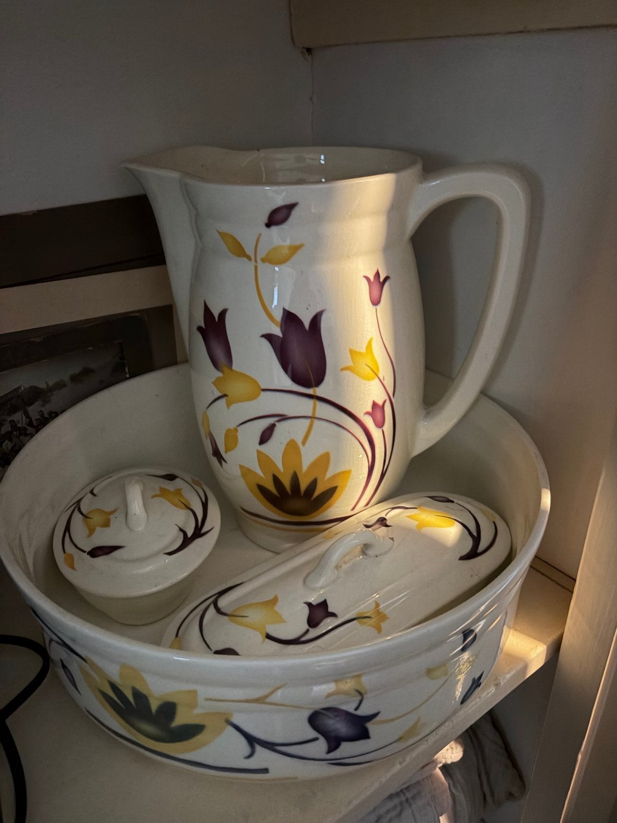 Lampetset; Vintage Wasstel met Bloemenpatroon - 4-delig, Ophalen