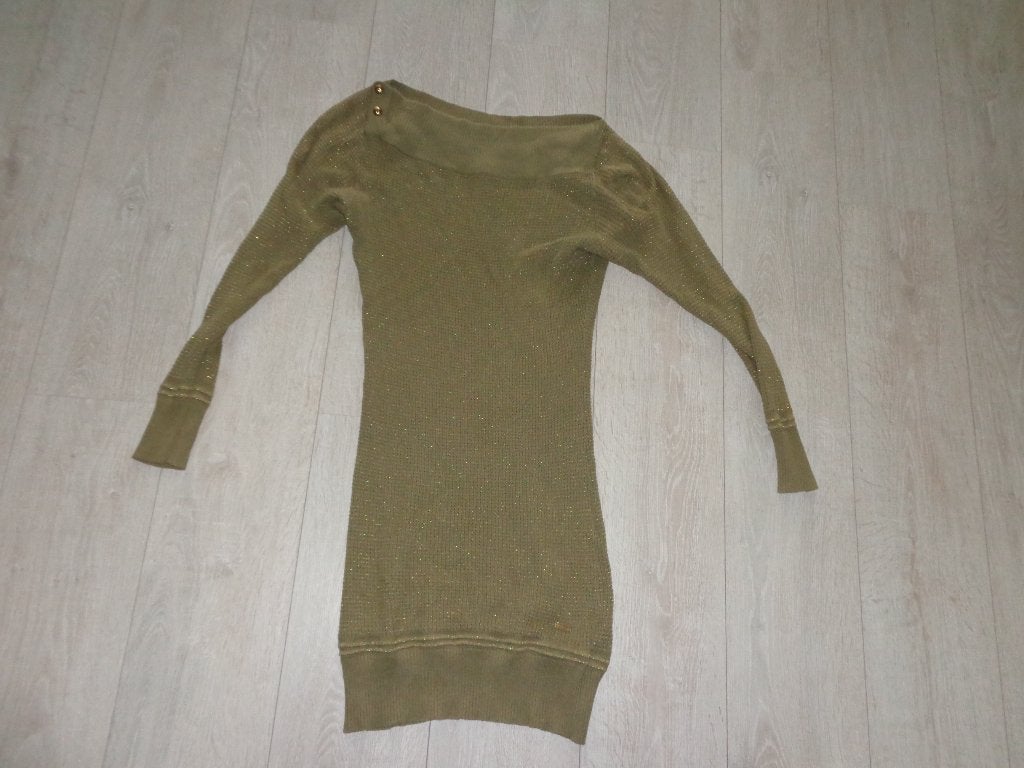 legergroen met glitter jurk van Guess, maat M, Maat 38/40 (M), Ophalen of Verzenden, Gedragen, Boven de knie