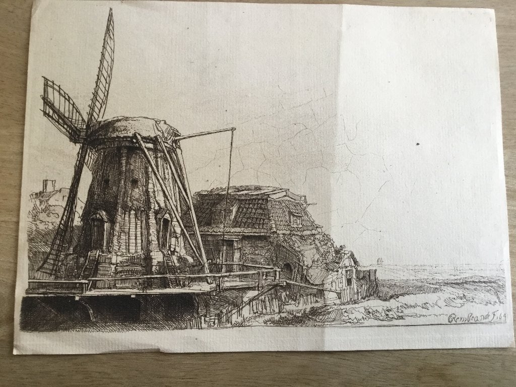 Rembrandt Ets “ De Windmolen “ uit 1641, Antiek en Kunst, Ets, 15 cm, Gesigneerd, Landschap