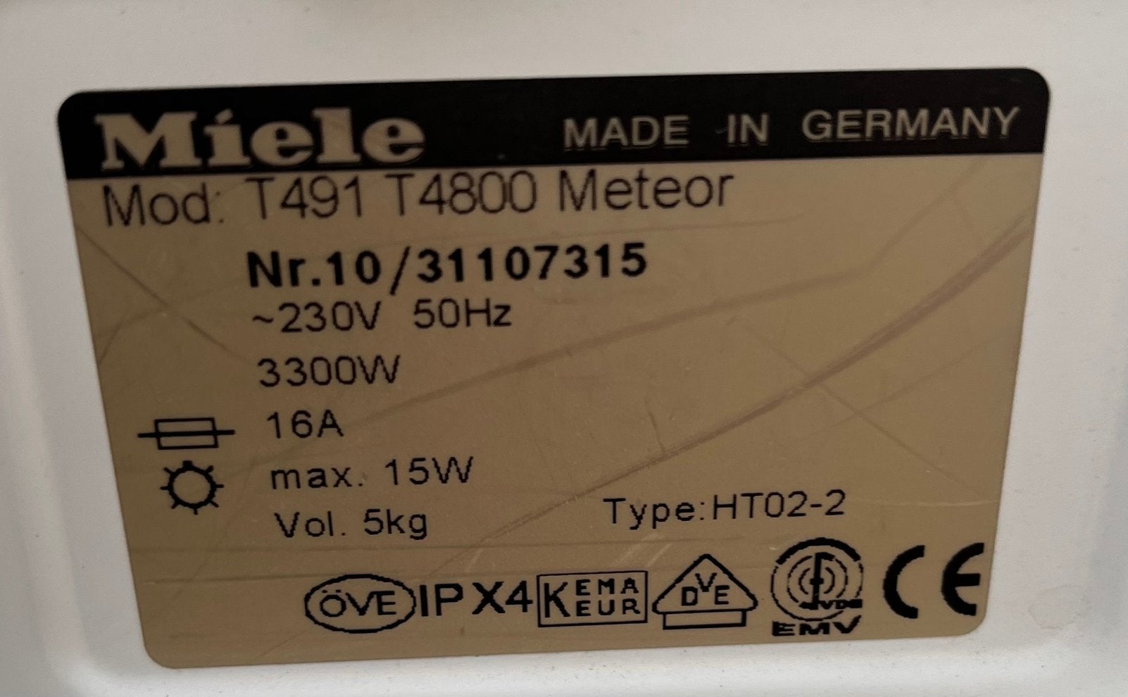 Miele wasdroger model T491 T4800 Meteor, Ophalen, Gebruikt, Luchtafvoer, 4 tot 6 kg