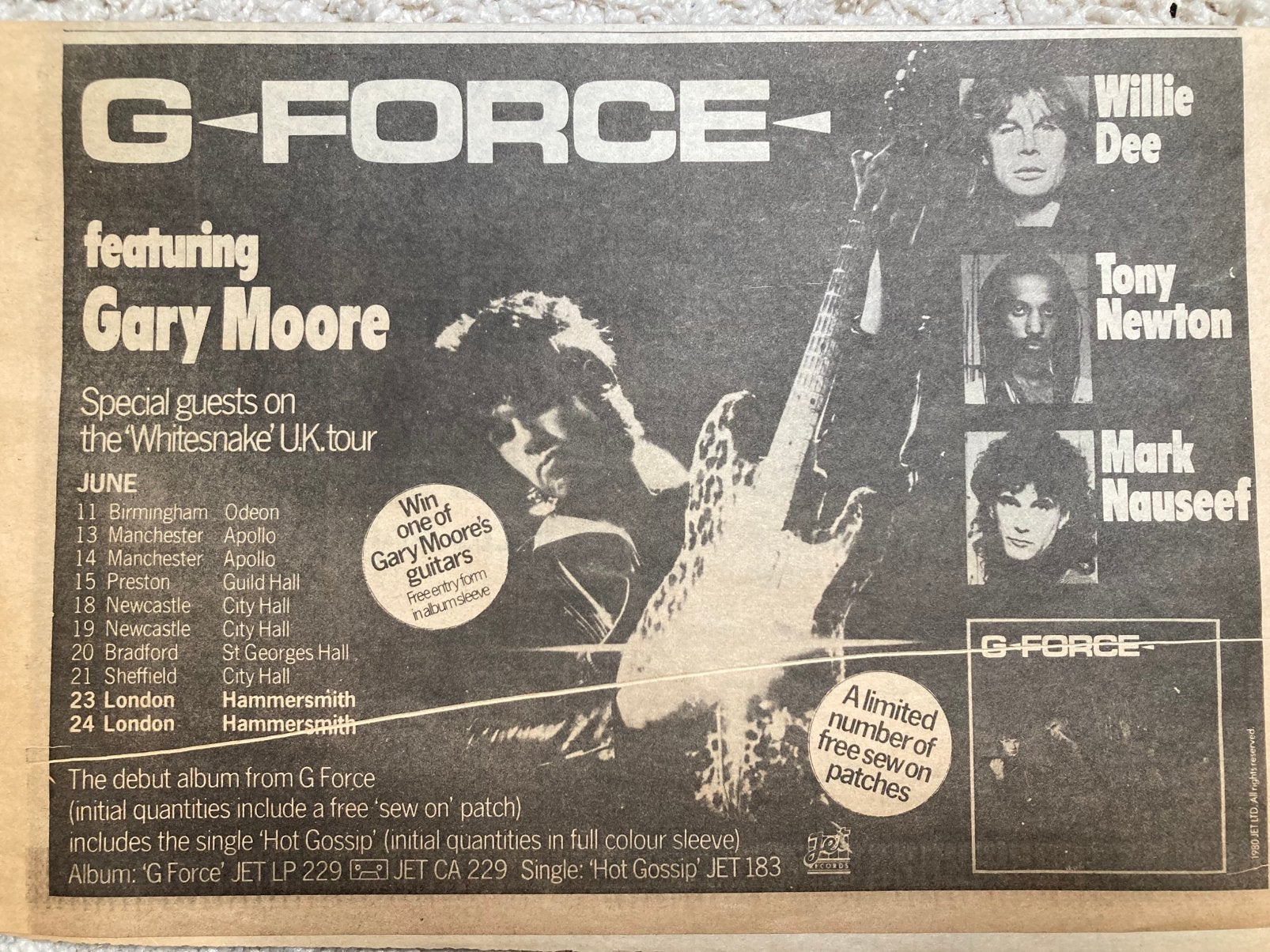 Paginagrote A4 advertentie G-FORCE Gary Moore tour 1980, Ophalen of Verzenden, Zo goed als nieuw