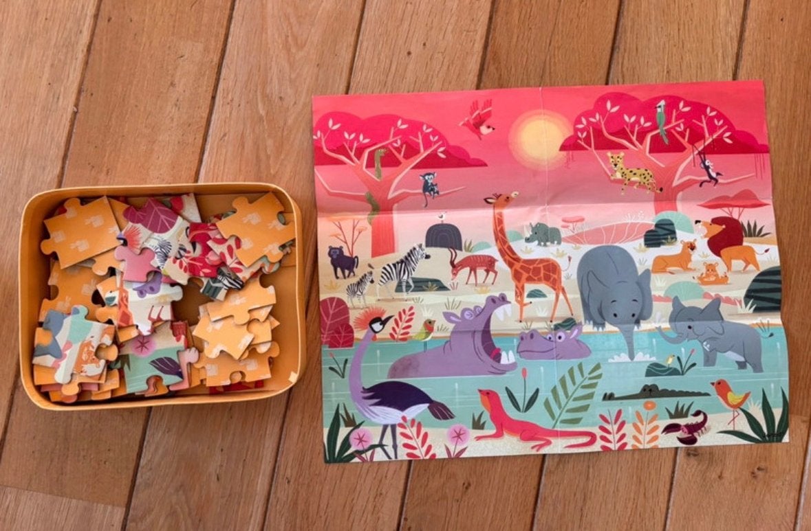 Janod Puzzel - mega XL puzzel Het dierenreservaat (54 st), Ophalen of Verzenden, Meer dan 50 stukjes, Zo goed als nieuw, 6 jaar of ouder