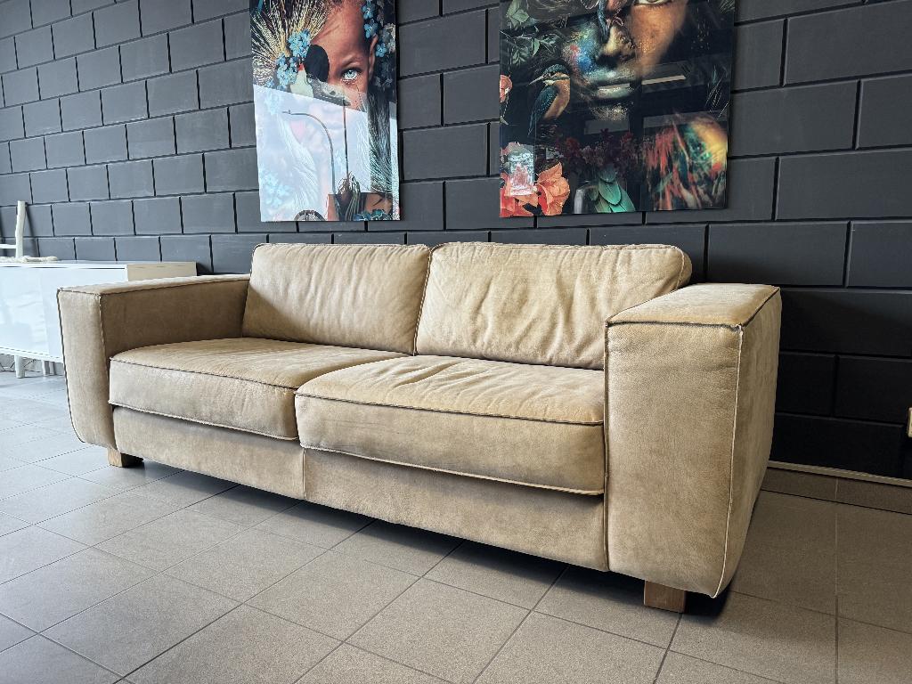 Beige lederen zetel / bankstel 3-zits aniline leer, Huis en Inrichting, Ophalen, Gebruikt, Driepersoons, Rechte bank